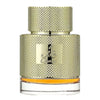 Gold textured perfume bottle with clear base on white background