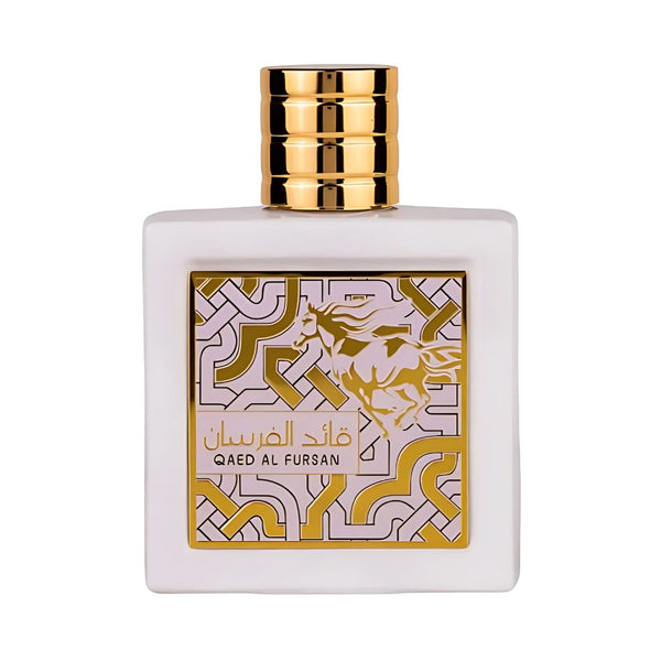 Perfume bottle with gold cap and intricate design on a white background