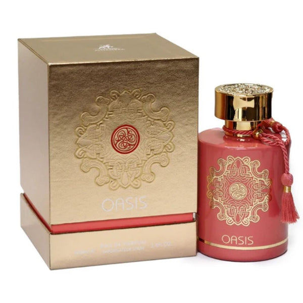 Oasis perfume bottle and packaging on a white background