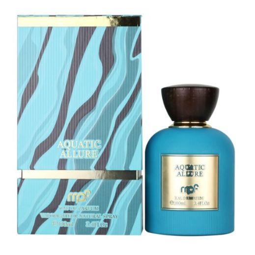 Blue perfume bottle with gold label and matching box labeled 'Aquatic Allure' on a white background