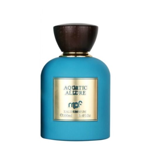 Blue perfume bottle with gold label on a white background