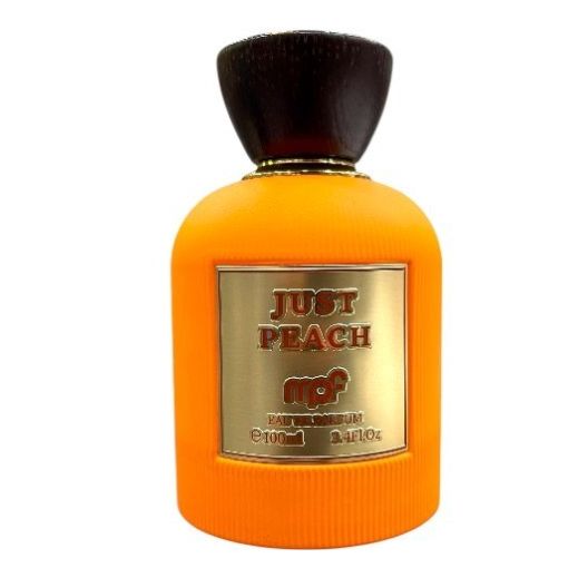 Orange perfume bottle with gold label on a white background