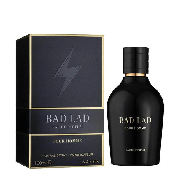 Black perfume bottle and packaging of 'Bad Lad' Eau de Parfum on a white background
