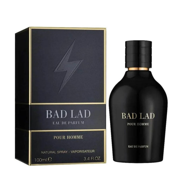 Black 'BAD LAD' perfume bottle and packaging on a white background