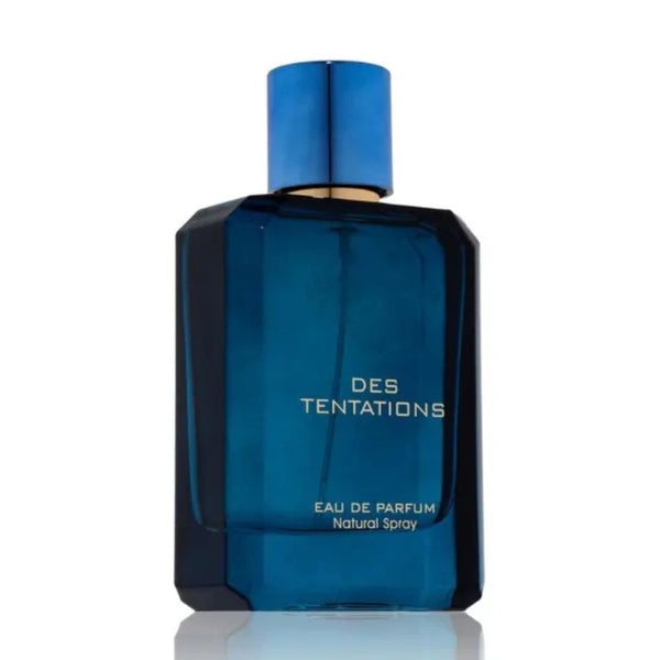 Blue perfume bottle labeled 'Des Tentations' on a white background
