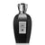Black perfume bottle with silver cap on a white background