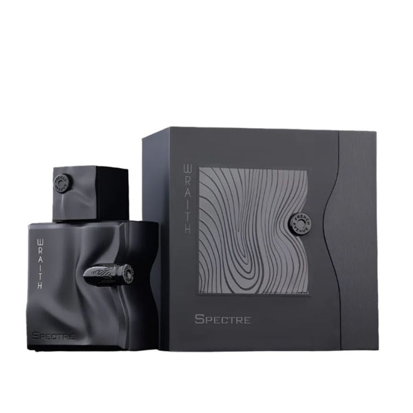 Black Spectre Wraith perfume bottle and packaging on a white background