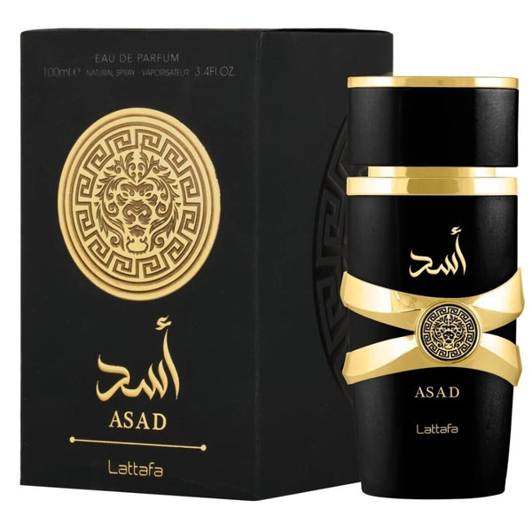 Black and gold ASAD Lattafa perfume bottle and packaging on a white background